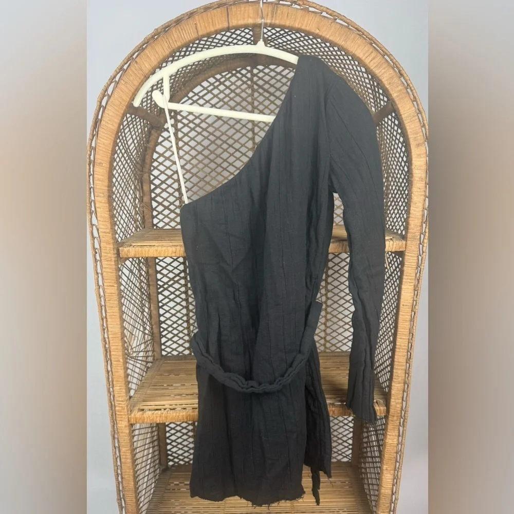 Free People One Shoulder Belted Mini Dress Black Gauze Boho Sz S EUC